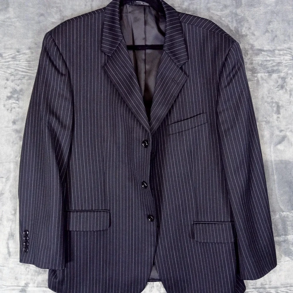 Jones New York Mens 42R Wool Pinstripe Blazer Jacket Navy Stripe Classic Y2K